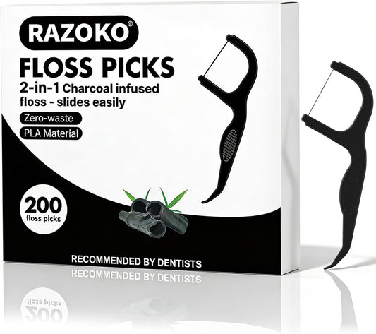 Natural Dental Floss Picks High Toughness Charcoal Toothpicks Sticks-Vegan,Eco-Friendly Sustainable Flossers for Teeth Cleaning (200 Count)