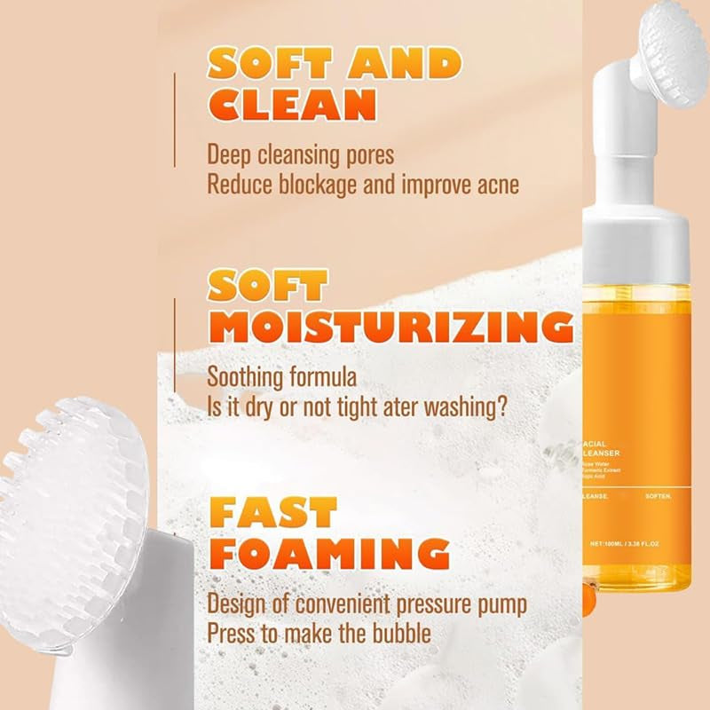 2 Pcs Hoygi Turmeric Kojic Acid Foaming Face Wash, Glow Wash Turmeric Face Wash with Brush Turmeric Foaming Facial Deep Cleansing Scrub Exfoliating.