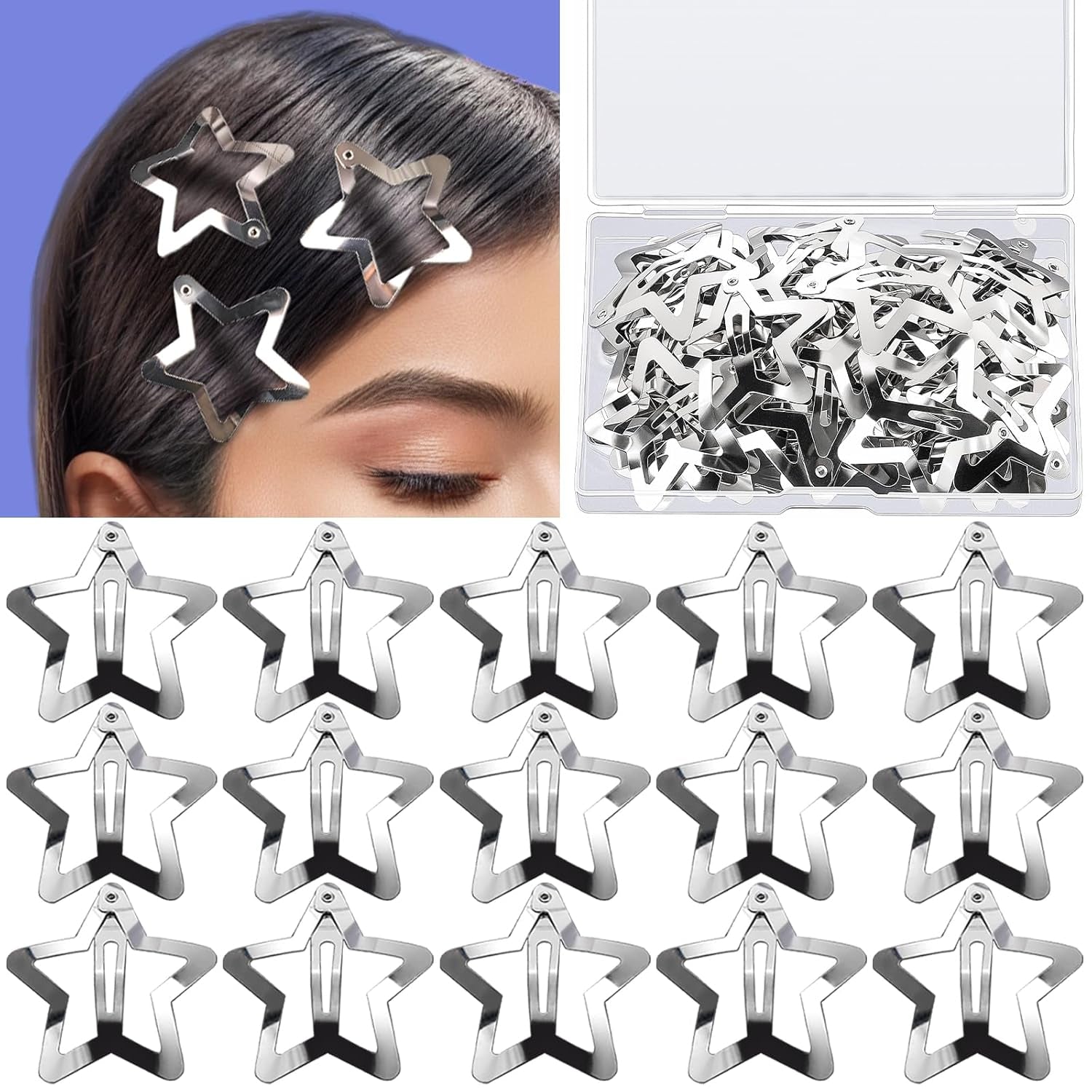 30 PCS 1.61" Star Hair Clips, Y2K Hair Accessories, Silver Star Clips for Girls Women, Rave Accessories, Non Slip Star Barrettes, Metal Star Snap Hair Clips